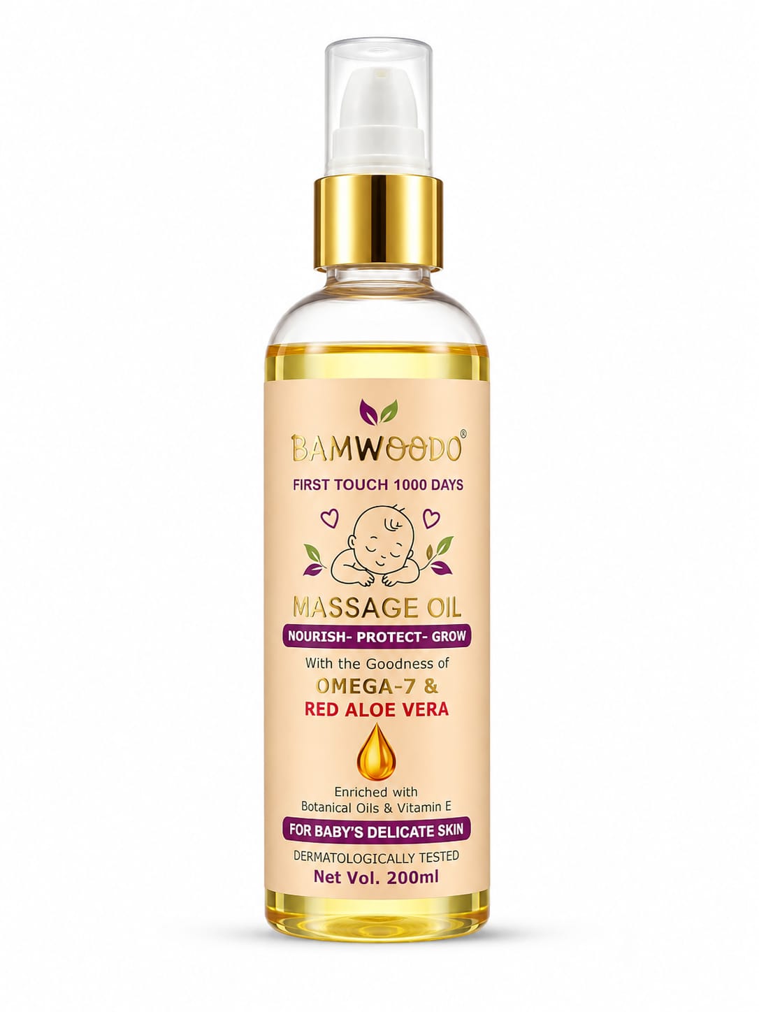 BAMWOODO Baby Massage Oil with Omega-7, Red Aloe Vera & Vitamin E