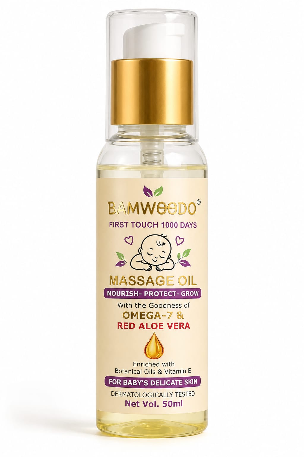 BAMWOODO First Touch 1000 Days Baby Massage Oil | Omega-7 & Red Aloe Vera
